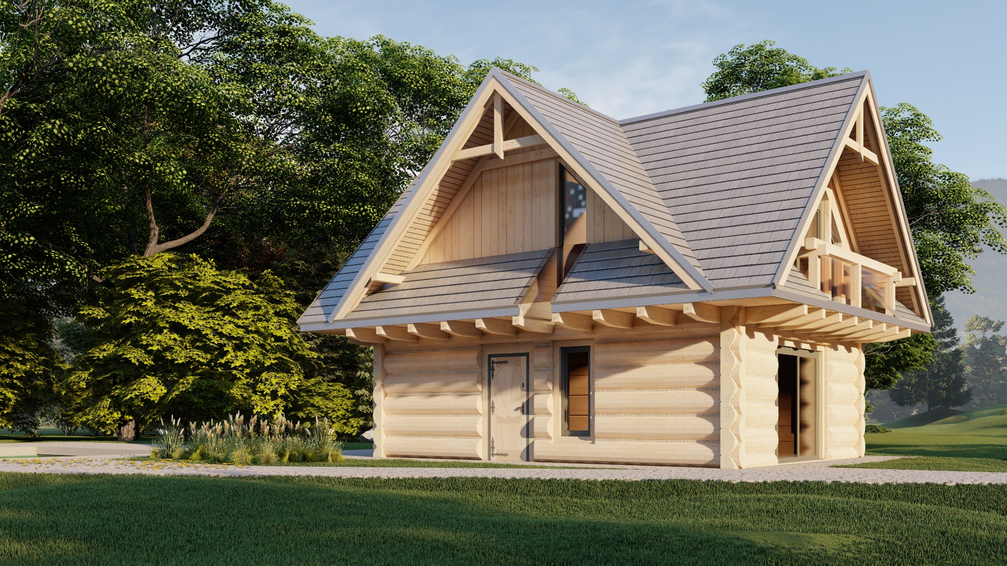 Wizualizacja drewnianego domu z bali, z szarym dachem i balkonem, otoczonego zielenią. Uwagę przykuwa nowoczesna bryła budynku i naturalne materiały.