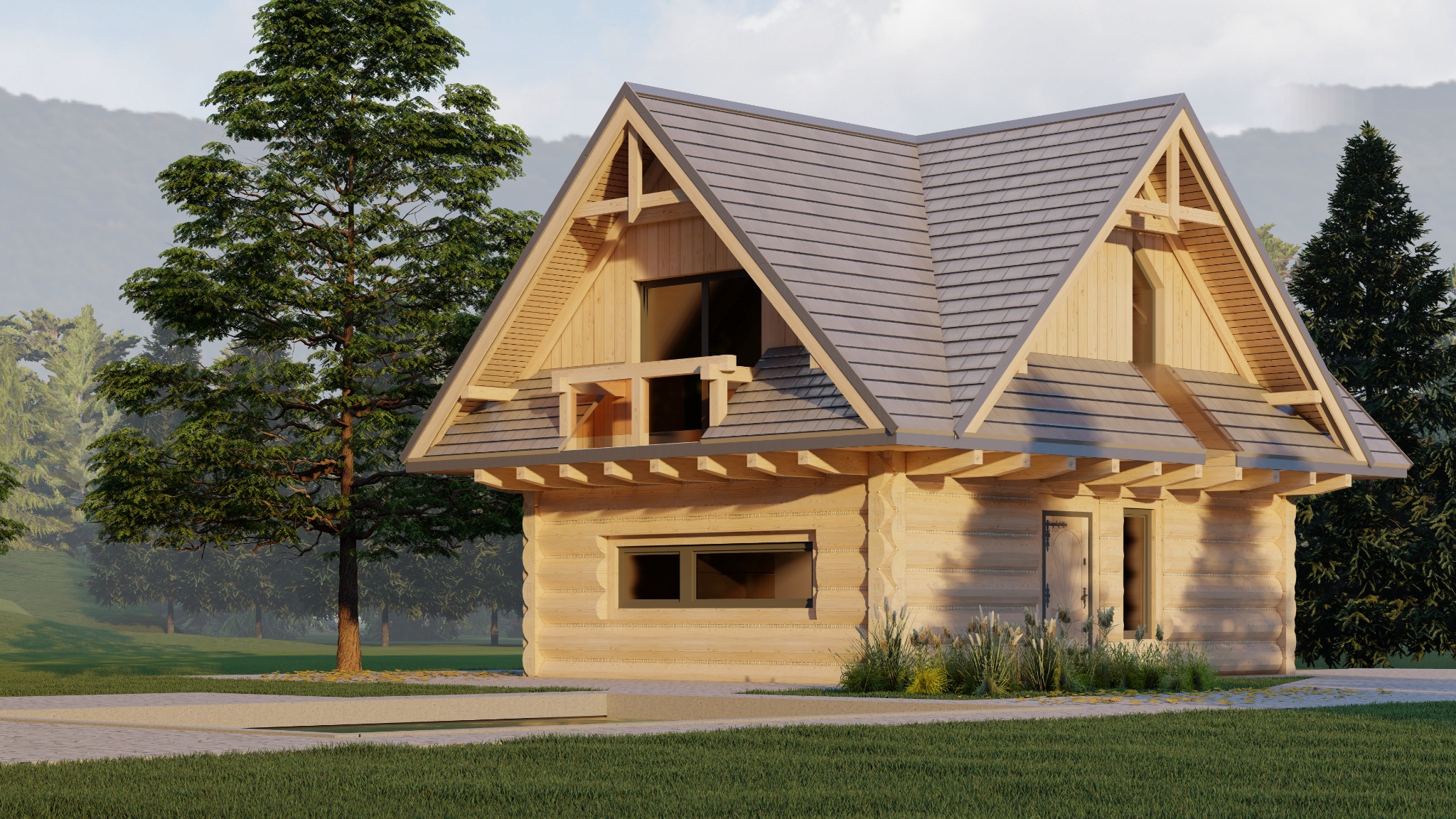 Wizualizacja domu z bali w stylu góralskim, z szarym dachem i dużym oknem na poddaszu, otoczonego zielenią drzew i trawnika. Jasne drewno i spokojna kolorystyka.