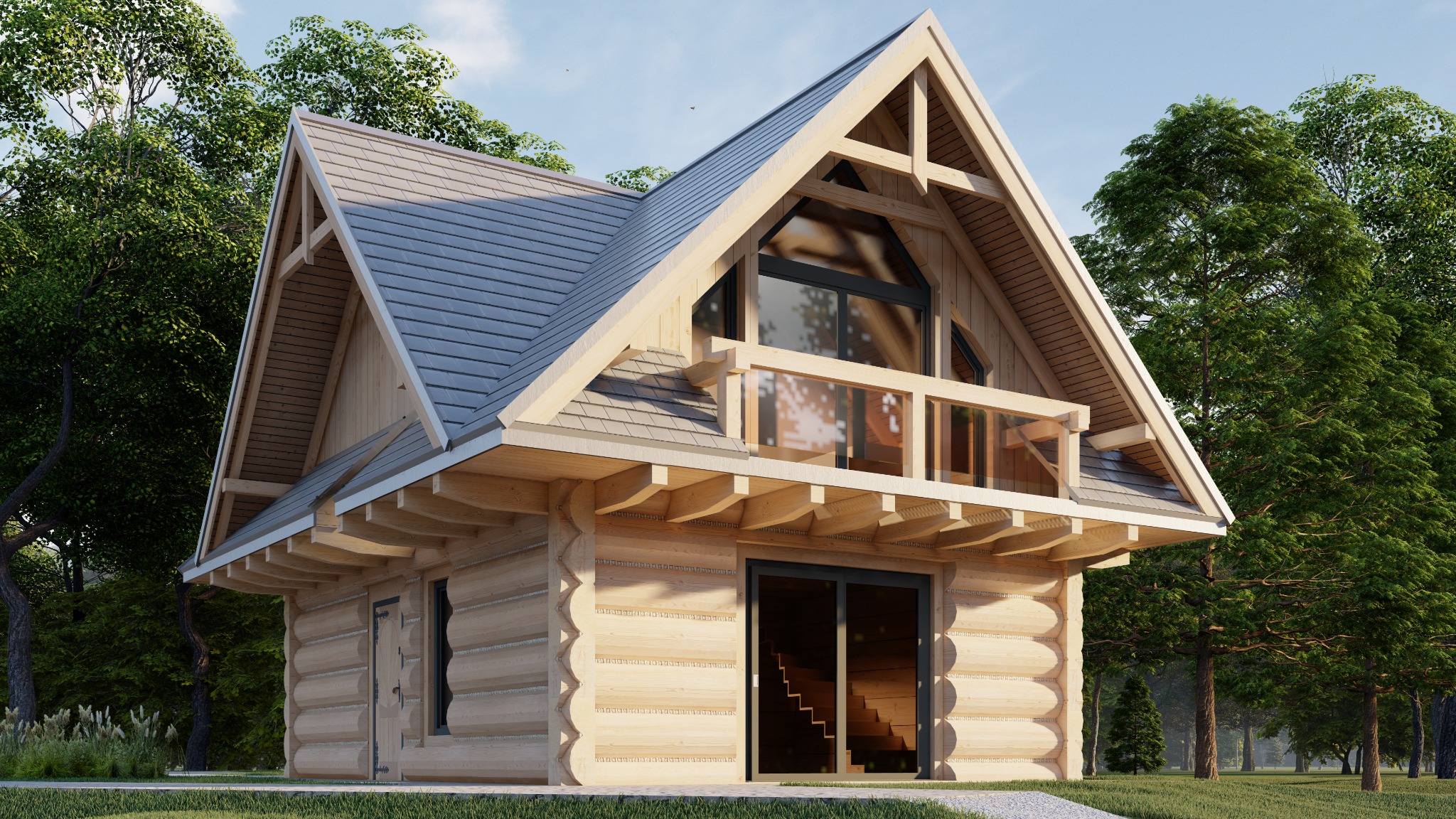 Nowoczesny dom z bali z balkonem i dużymi oknami, otoczony zielenią. Widoczne schody wewnętrzne i starannie wykonane detale elewacji.