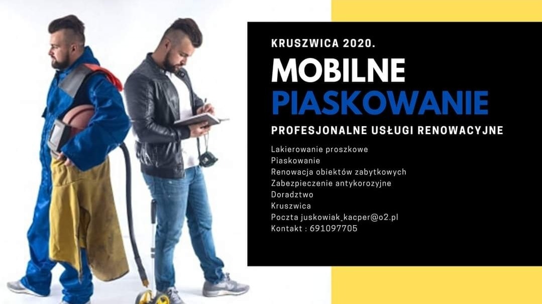 Mobilne piaskowanie Kruszwica 2020 - pracownik w kombinezonie ochronnym z maską do piaskowania i pracownik w skórzanej kurtce notujący w notatniku, oferta usług renowacyjnych, lakierowanie...