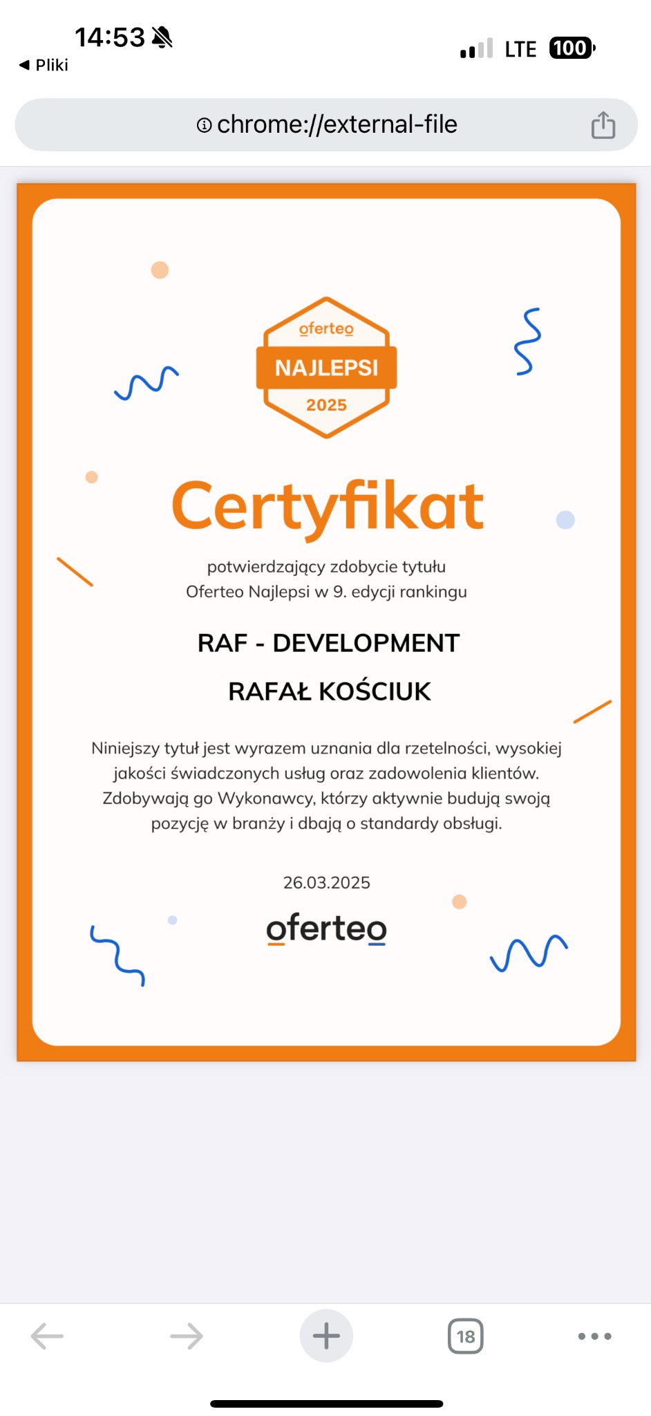 Certyfikat Oferteo Najlepsi 2025 dla firmy RAF - DEVELOPMENT Rafała Kościuka, potwierdzający wysoką jakość świadczonych usług i zadowolenie klientów, z minimalistycznymi graficznymi elementami...