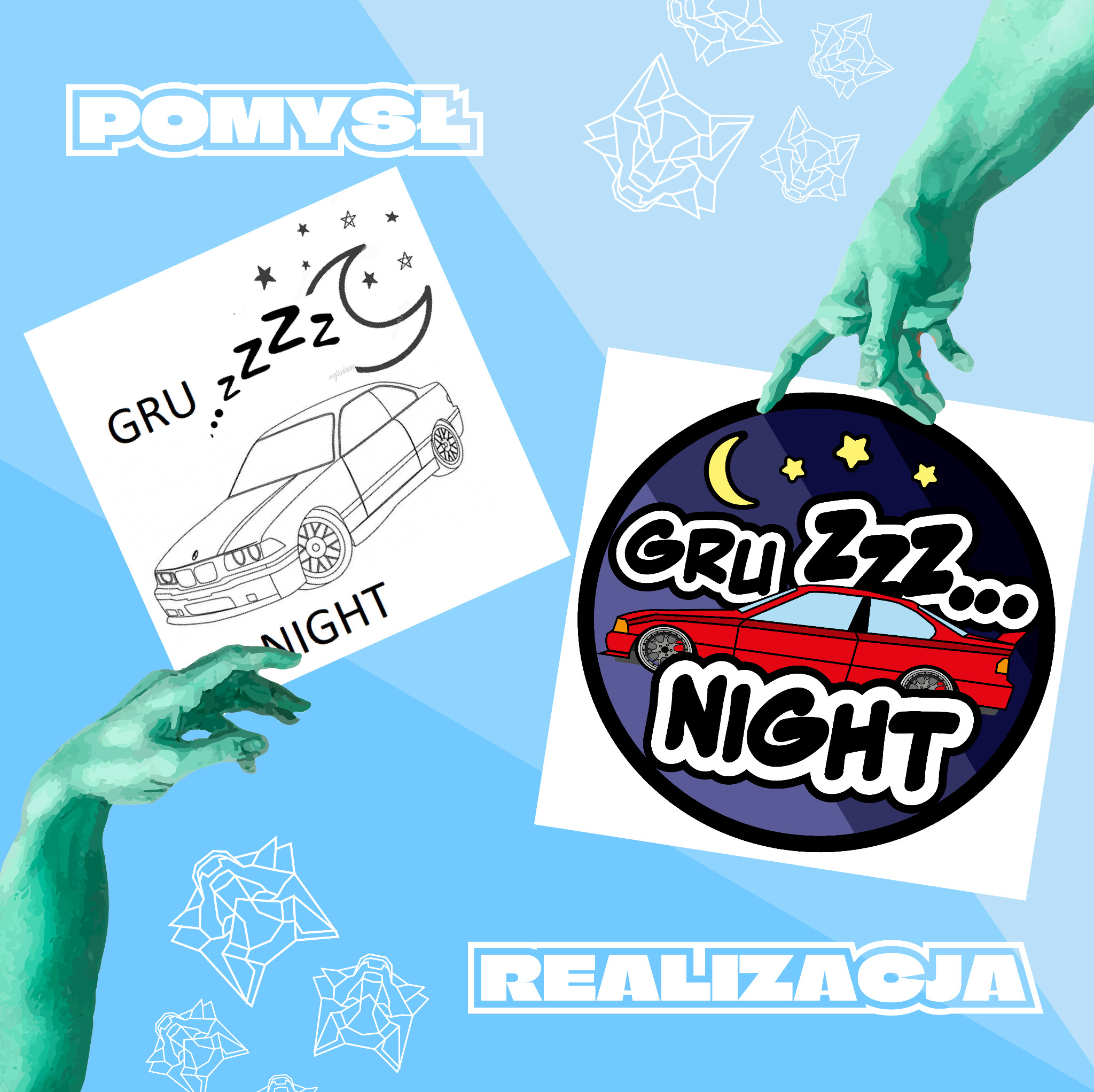Grafika przedstawiająca proces tworzenia logo z motywem samochodu, od szkicu do finalnej wersji, z hasłem 'Gru Zzz Night'.