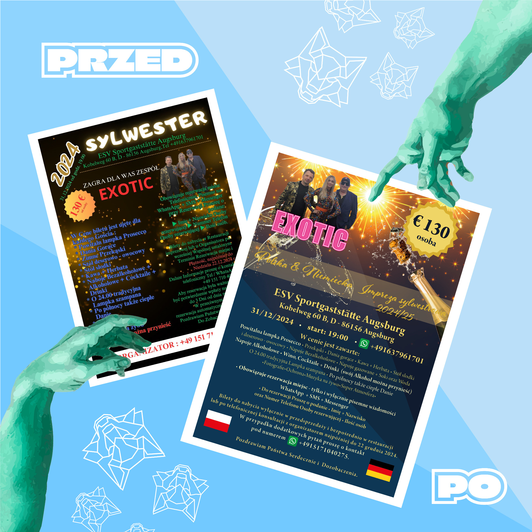 Plakat reklamujący imprezę sylwestrową 2024/25 w ESV Sportgaststätte Augsburg z zespołem Exotic, informujący o cenie biletu, menu i sposobie rezerwacji, trzymany przez graficzną dłoń...