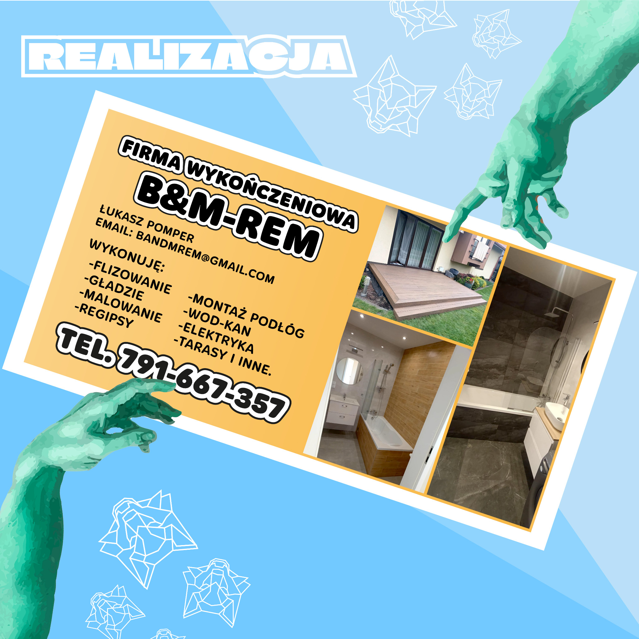 Grafika reklamowa firmy wykończeniowej B&M-REM z wizualizacją dłoni nawiązującej do 'Stworzenia Adama', prezentująca zakres usług: flizowanie, gładzie, malowanie, regipsy, montaż podłóg, wod-kan...