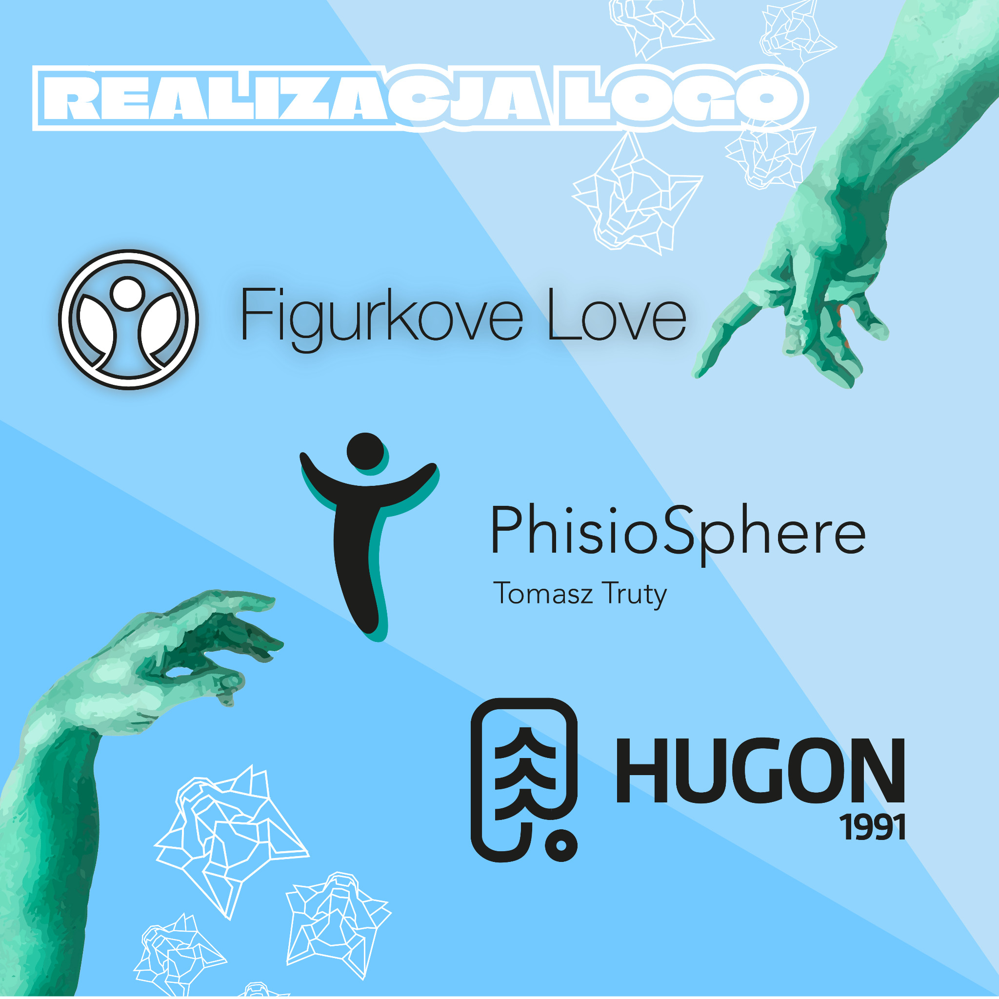 Prezentacja realizacji projektów logo dla firm: Figurkove Love, PhisioSphere Tomasza Truty i Hugon 1991, z elementami graficznymi dłoni w stylu rzeźby i abstrakcyjnych figur geometrycznych...