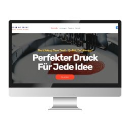 Agencja Interaktywna Sucharscy Karol Sucharski - Ekran komputera wyświetla stronę internetową firmy House of Print z hasłem 'Perfekter Druck Für Jede Idee' i zdjęciem haftu, podkreślając jakość i precyzję druku.