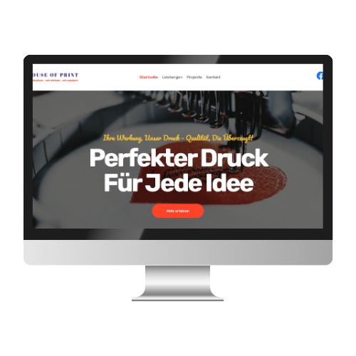 Ekran komputera wyświetla stronę internetową firmy House of Print z hasłem 'Perfekter Druck Für Jede Idee' i zdjęciem haftu, podkreślając jakość i precyzję druku.