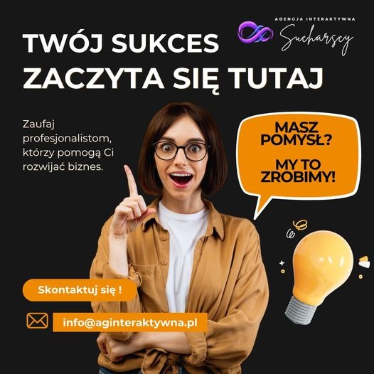 Kobieta z uniesionym palcem i wyrazem entuzjazmu na twarzy na grafice reklamowej agencji interaktywnej z Lulewiczek, obok niej dymek z tekstem 'Masz pomysł? My to zrobimy!' i symbol żarówki.