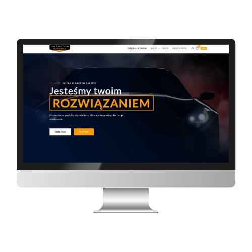 Ekran monitora prezentujący stronę internetową sklepu z produktami do detailingu samochodowego, z hasłem 'Jesteśmy twoim ROZWIĄZANIEM' na tle ciemnego zarysu samochodu.