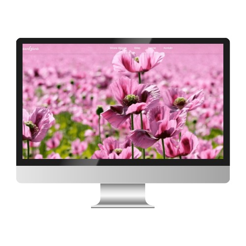Ekran komputera iMac wyświetlający stronę internetową z motywem kwiatowym, pole maków w odcieniach różu, minimalistyczne menu nawigacyjne u góry.