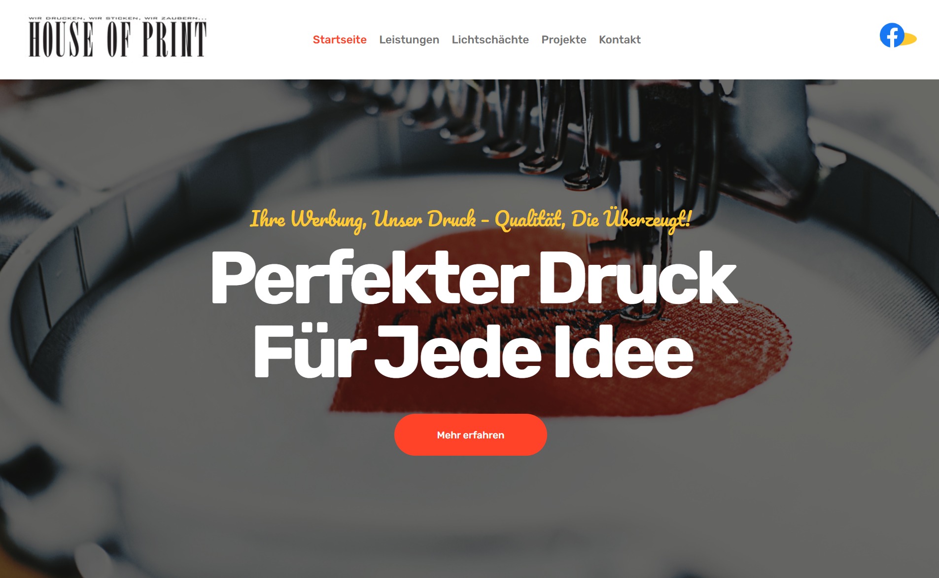 Strona internetowa firmy House of Print z hasłem 'Perfekter Druck Für Jede Idee' i elementami graficznymi związanymi z drukiem.