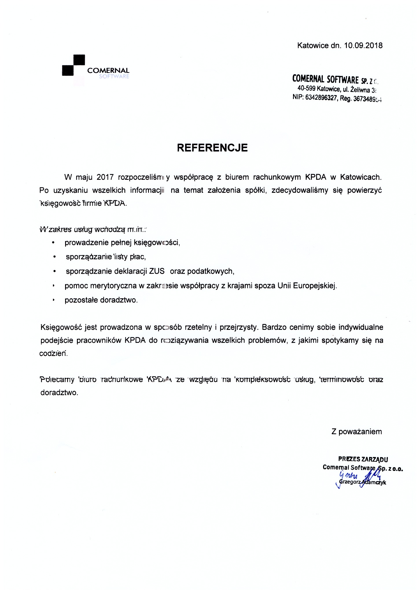 Referencje dla biura rachunkowego KPDA od Comernal Software Sp. z o.o. z Katowic, datowane na 10.09.2018. Dokument potwierdza kompleksowość usług i terminowość.