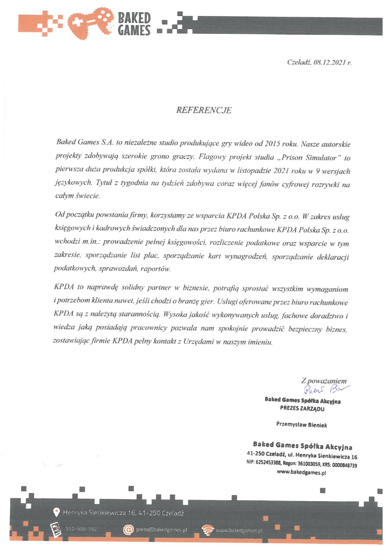Referencje od Baked Games S.A. dla KPDA Polska Sp. z o.o. za usługi księgowe i kadrowe. Dokument z datą, podpisem Prezesa Zarządu i danymi kontaktowymi firmy.