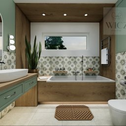 WICZ Interiors design - Wizualizacja łazienki w stylu retro z drewnianymi akcentami, kwiatowymi płytkami i wolnostojącą umywalką na szafce w odcieniach zieleni.