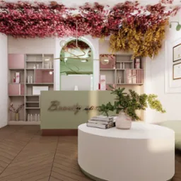 Recepcja w salonie beauty spa z dekoracją sufitową z liści, okrągłym stolikiem z książkami i rośliną w ceramicznym wazonie oraz półkami z kosmetykami w tle.