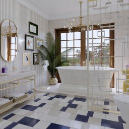 WICZ Interiors design - Elegancka łazienka z wanną wolnostojącą, umywalką na złotym stelażu i geometryczną ścianką działową. Uwagę przykuwają płytki podłogowe w biało-granatową szachownicę.