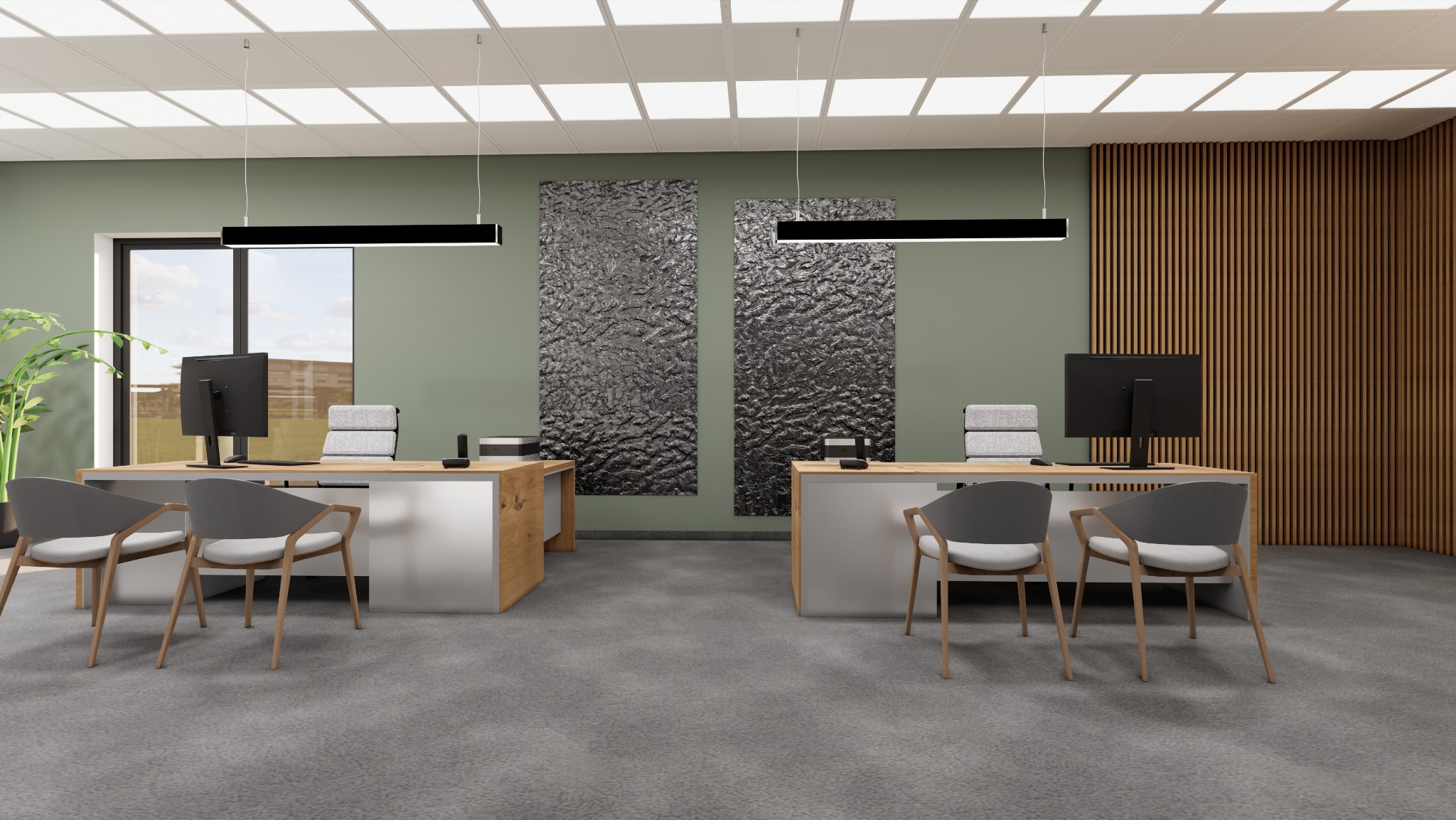 Nowoczesne biuro z dwoma stanowiskami pracy, biurkami z drewnianymi blatami i białymi frontami, szarymi krzesłami, czarnymi monitorami, oświetleniem liniowym i dekoracyjnymi panelami ściennymi.
