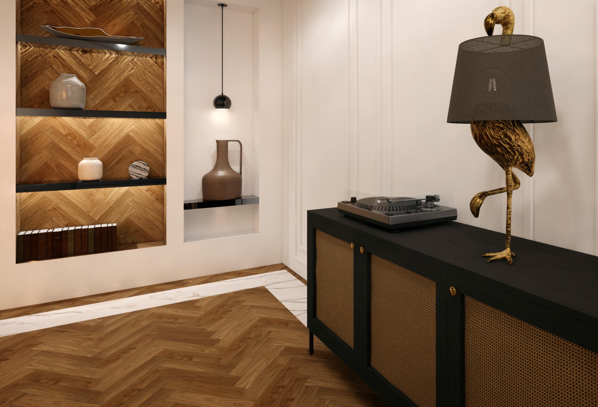 Nowoczesne wnętrze z drewnianą podłogą w jodełkę, regałem z podświetlanymi półkami, czarną komodą z gramofonem i lampą w kształcie złotego flaminga.