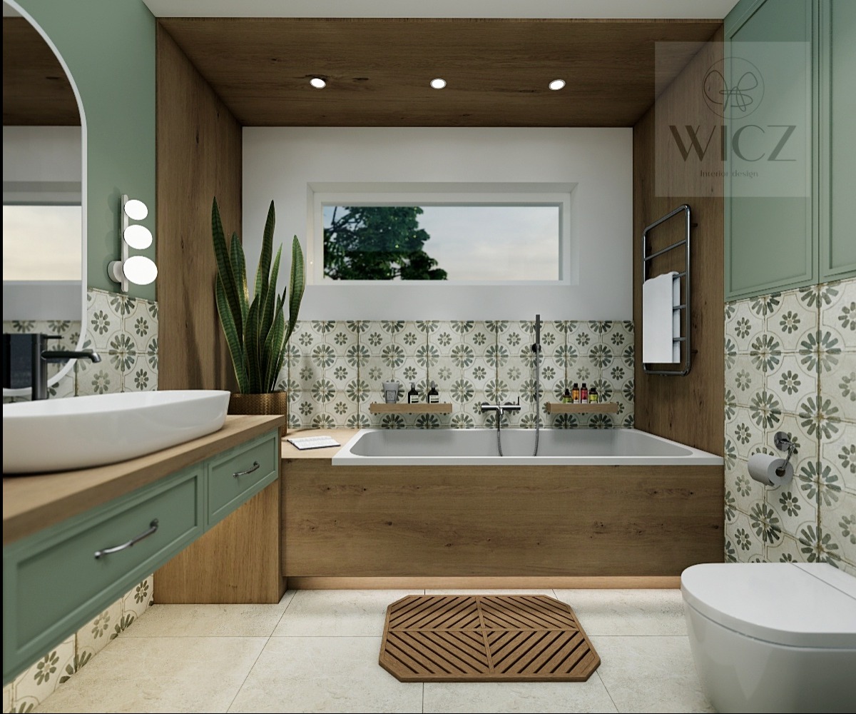 Wizualizacja łazienki w stylu retro z drewnianymi akcentami, kwiatowymi płytkami i wolnostojącą umywalką na szafce w odcieniach zieleni.