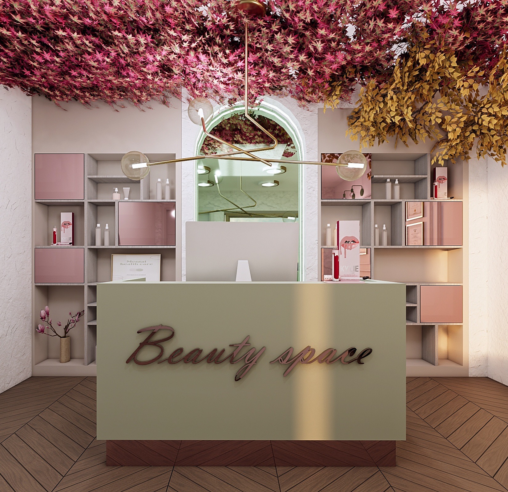 Wizualizacja wnętrza salonu kosmetycznego z recepcją w kolorze oliwkowym, napisem 'Beauty space', półkami z kosmetykami i dekoracją sufitu z liści.