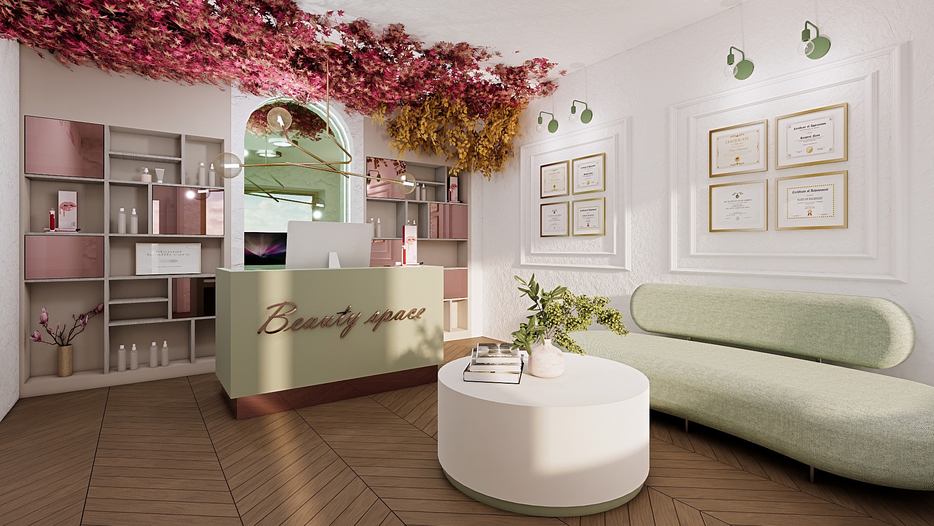 Wizualizacja wnętrza salonu kosmetycznego z recepcją, minimalistyczną sofą i dekoracją z kwiatów na suficie.