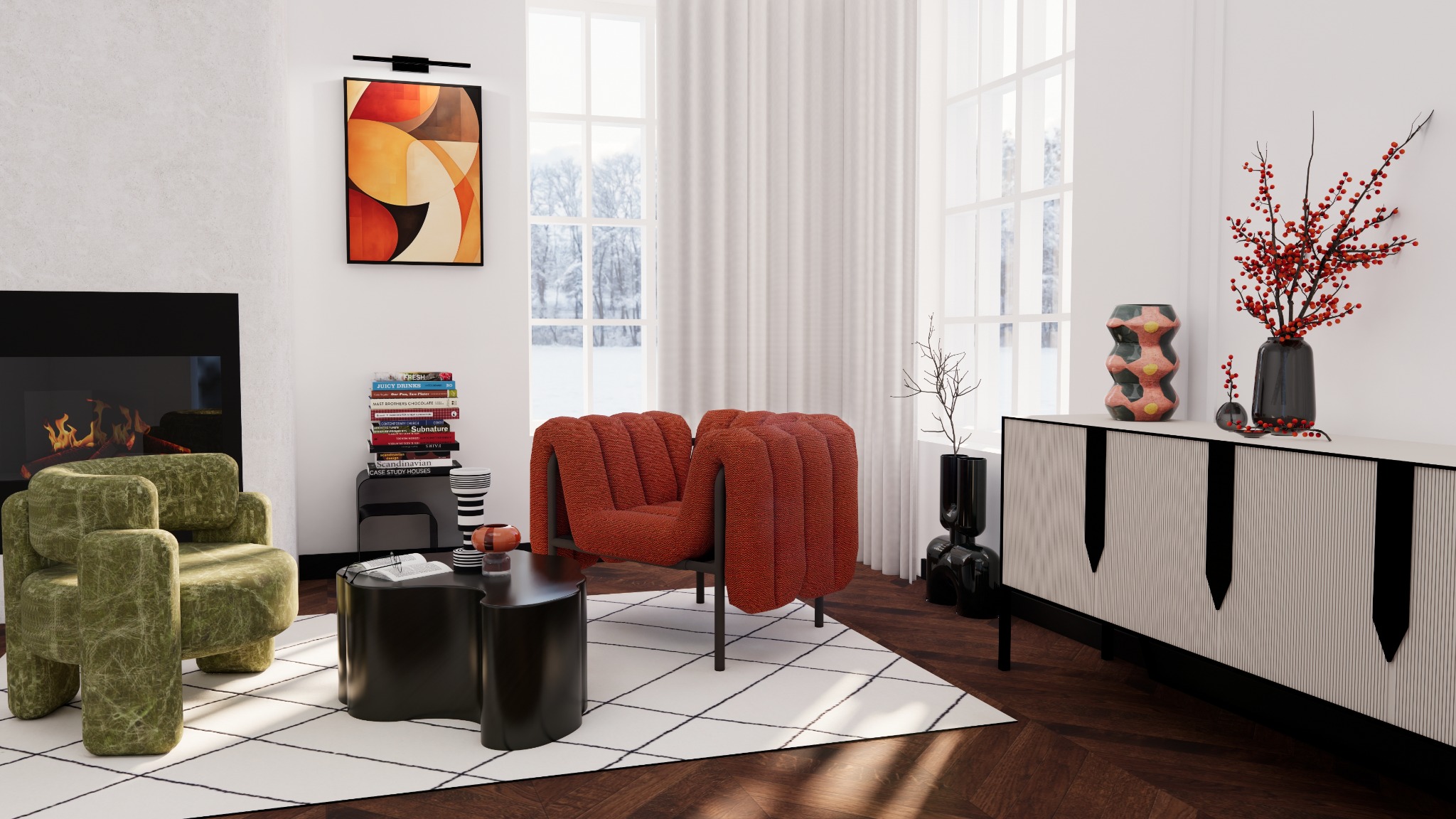 Nowoczesny salon z zielonym i pomarańczowym fotelem, czarnym stolikiem kawowym i komodą. Za oknem zimowy krajobraz. Minimalistyczny design z akcentami kolorystycznymi.