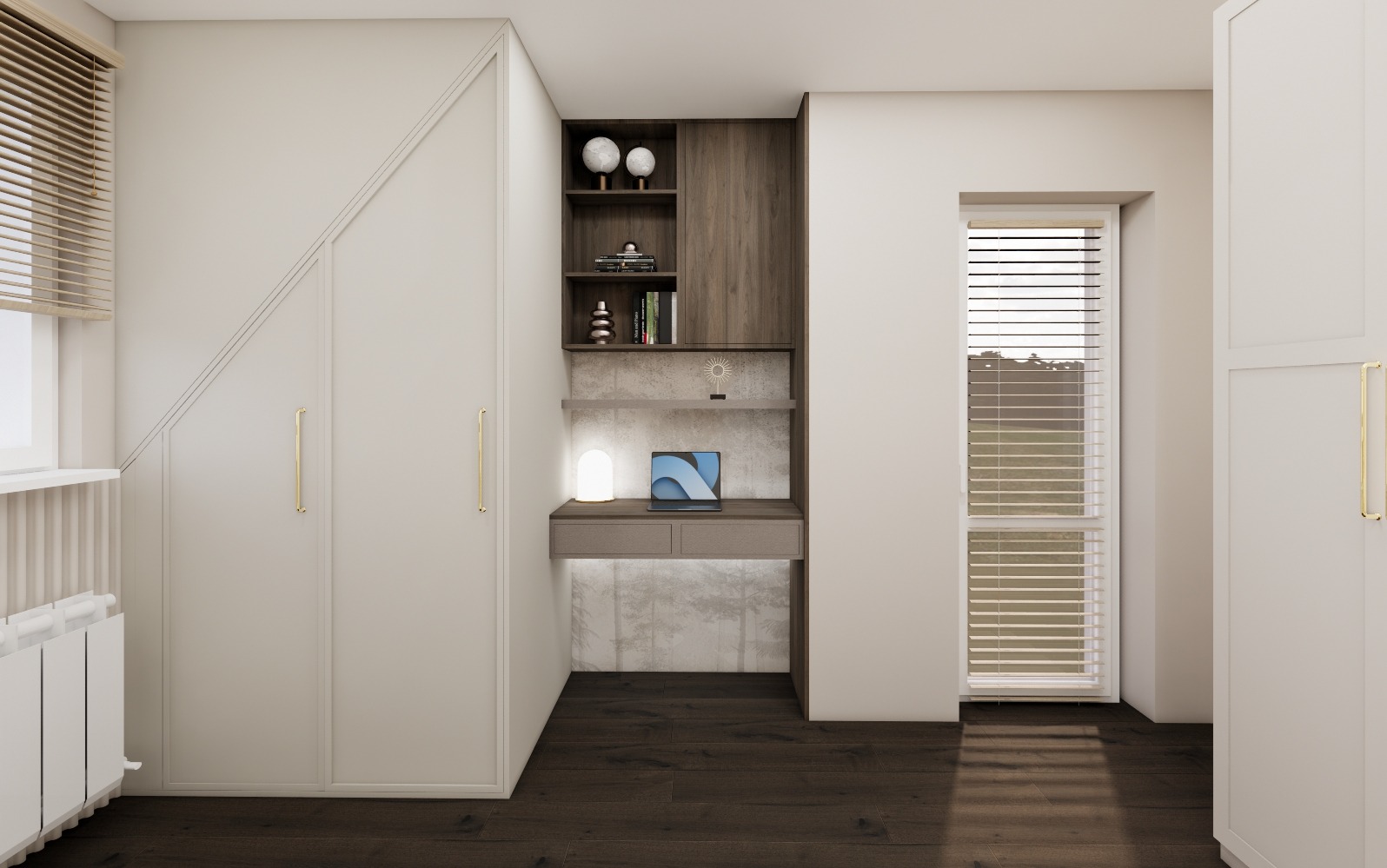 Nowoczesny pokój z biurkiem w zabudowie, półkami i szafą pod skosem. Minimalistyczny design, ciepłe oświetlenie, drewniane akcenty i widok z okna.