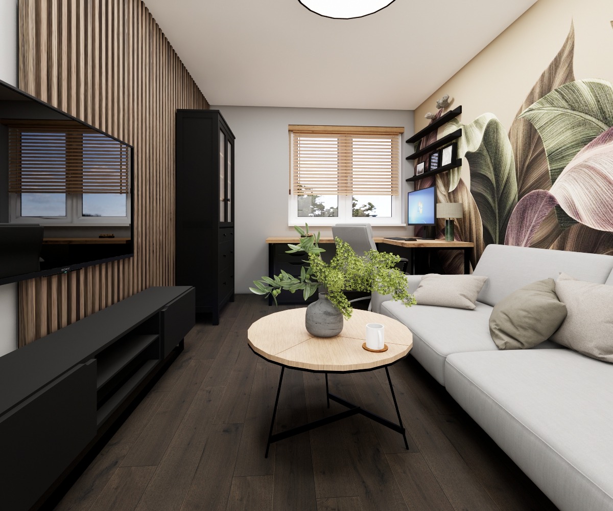 Nowoczesny salon z drewnianą ścianą, czarnymi meblami i sofą w odcieniach szarości. Na okrągłym stoliku wazon z zielonymi roślinami i biały kubek. Fototapeta z motywem liści.