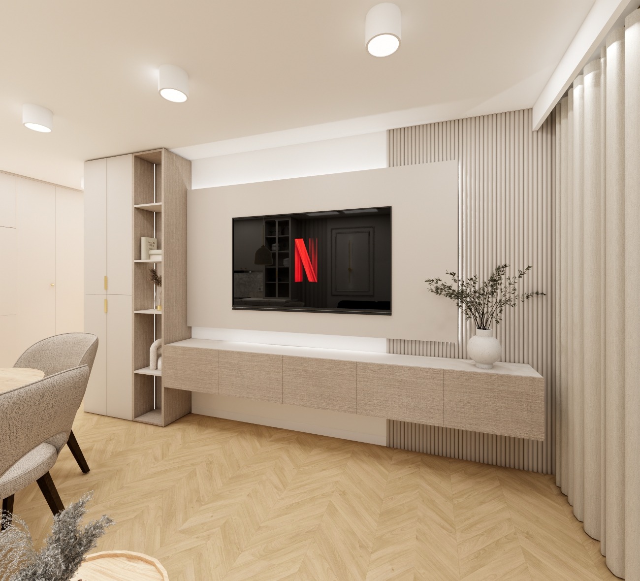 Jasne wnętrze salonu z telewizorem, szafką RTV i dekoracyjną ścianą z lamelami. Parkiet w jodełkę, minimalistyczne oświetlenie i subtelne dodatki roślinne.