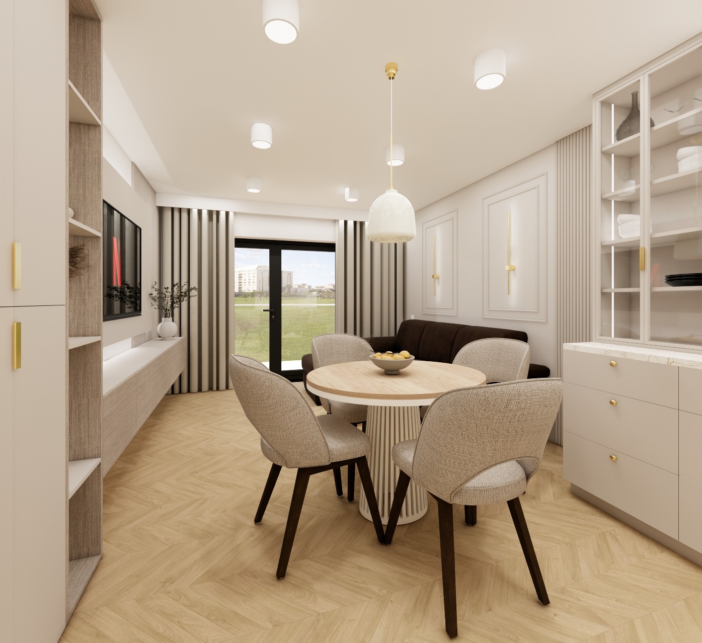 Jasne wnętrze jadalni z okrągłym stołem, czterema krzesłami i brązową sofą w tle. Minimalistyczny design, ciepłe oświetlenie i parkiet w jodełkę tworzą przytulną atmosferę.