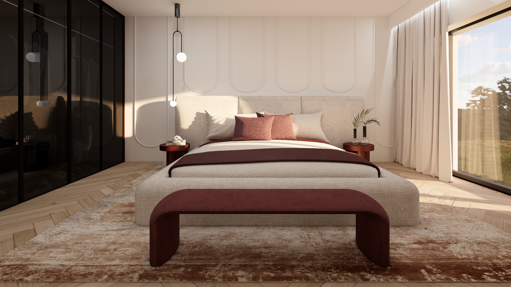 Jasna sypialnia w stylu minimalistycznym: beżowe łóżko z bordowymi akcentami, dywan w odcieniach brązu, duże okno z widokiem na zieleń, elegancka lampa wisząca.