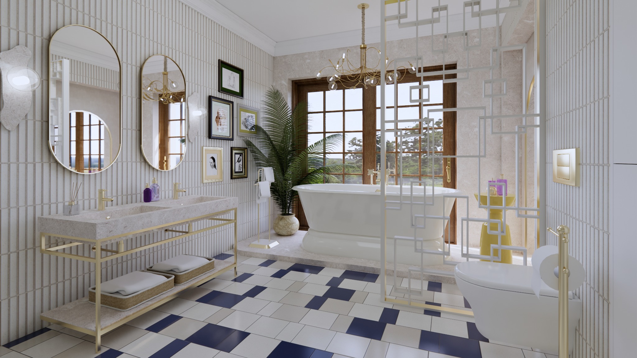 Elegancka łazienka z wanną wolnostojącą, umywalką na złotym stelażu i geometryczną ścianką działową. Uwagę przykuwają płytki podłogowe w biało-granatową szachownicę.