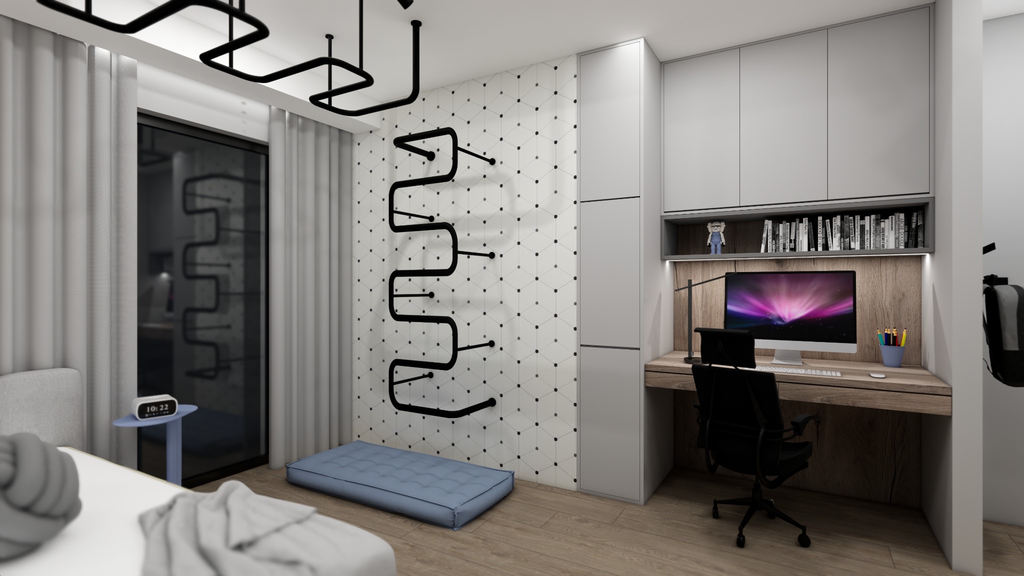 Wizualizacja pokoju młodzieżowego: biurko z komputerem, drabinka gimnastyczna na ścianie z geometrycznym wzorem, szare meble i zasłony, drewniana podłoga.