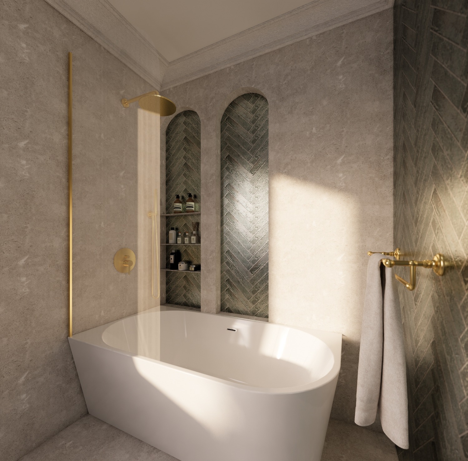 Nowoczesna łazienka z białą wanną, złotą armaturą i wnękami z półkami. Ściany wykończone płytkami w jodełkę. Minimalistyczny design z akcentami złota.