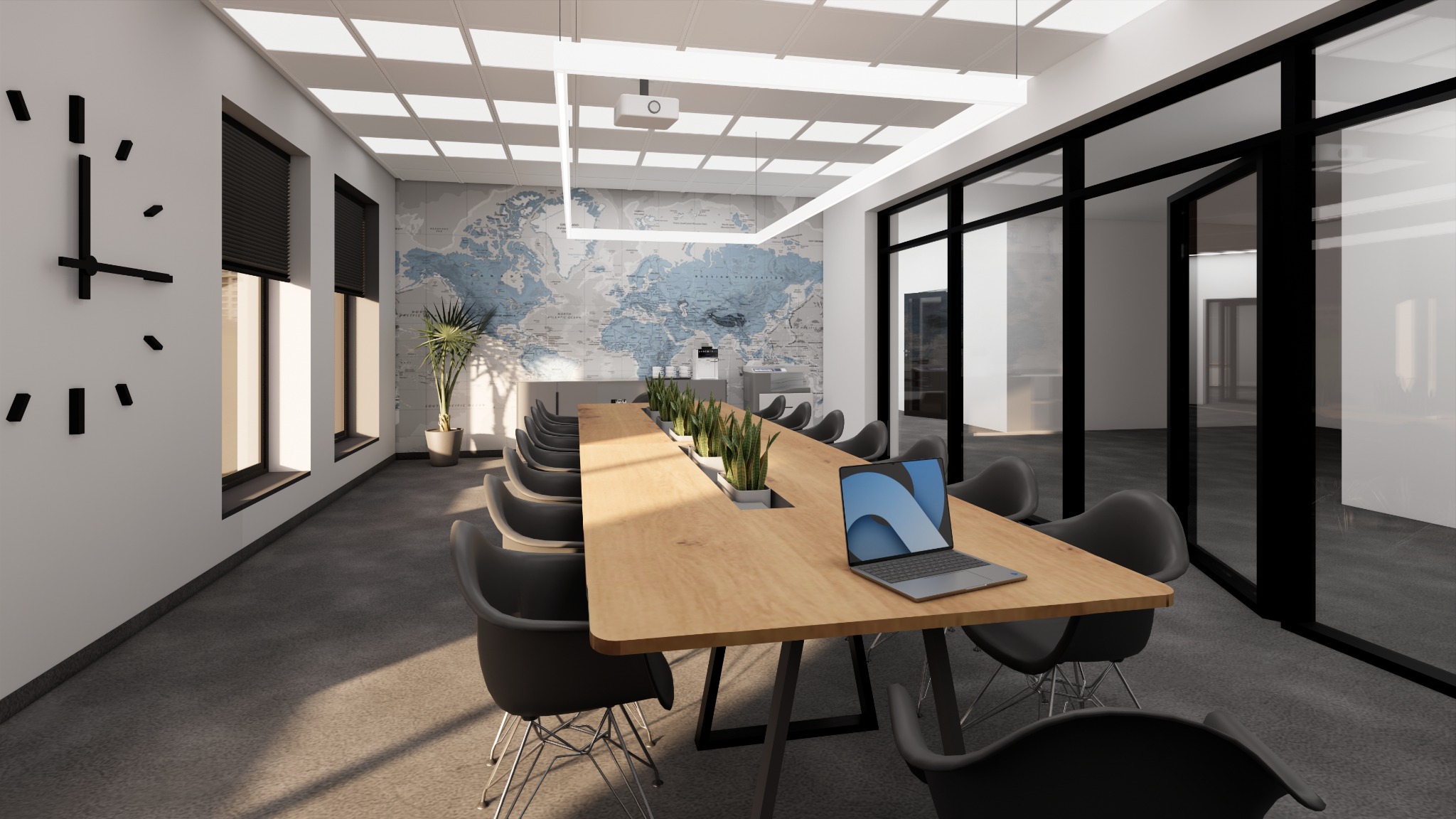 Nowoczesna sala konferencyjna z długim stołem, laptopem, zegarem na ścianie i mapą świata w tle. Minimalistyczny design, szare krzesła i rośliny w donicach.
