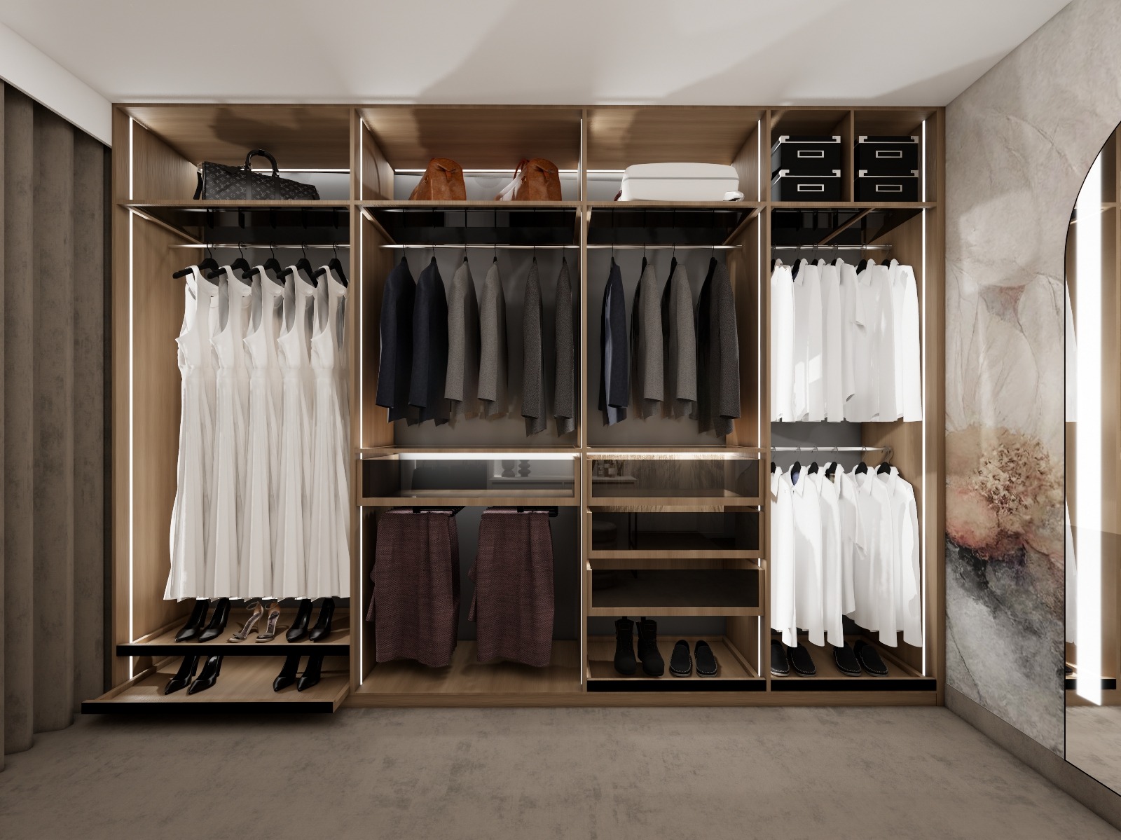 Nowoczesna garderoba z oświetleniem LED w Krotoszynie. Ubrania wiszące na wieszakach, półki z butami i torebkami. Minimalistyczny design, jasne drewno.