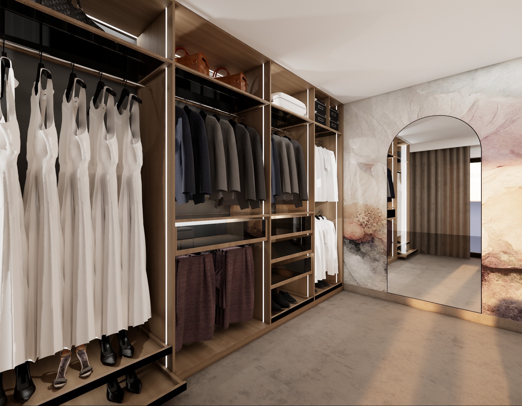 Nowoczesna garderoba z oświetleniem LED, ubraniami i lustrem w kształcie łuku. Beżowe wykończenie, minimalistyczny design, eleganckie buty na półkach.