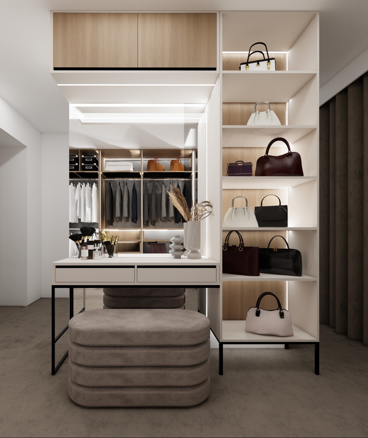 Jasna garderoba z toaletką i pufą. Na półkach wyeksponowane torebki. W tle widoczna szafa z ubraniami. Całość oświetlona ledami.