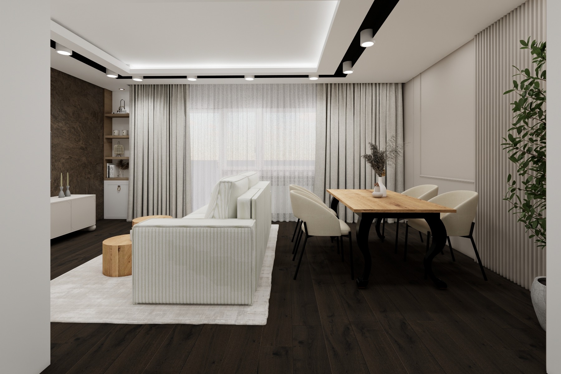 Jasne wnętrze z drewnianą podłogą: sofa z tkaniny w prążki, stół z krzesłami, dekoracje i oświetlenie punktowe. Nowoczesny design.