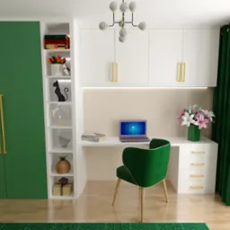 Pokój z biurkiem, szafą i szafkami w kolorach bieli i zieleni. Na biurku stoi laptop, obok wazon z kwiatami, a w tle widać okno z zielonymi zasłonami i widok na ogród.