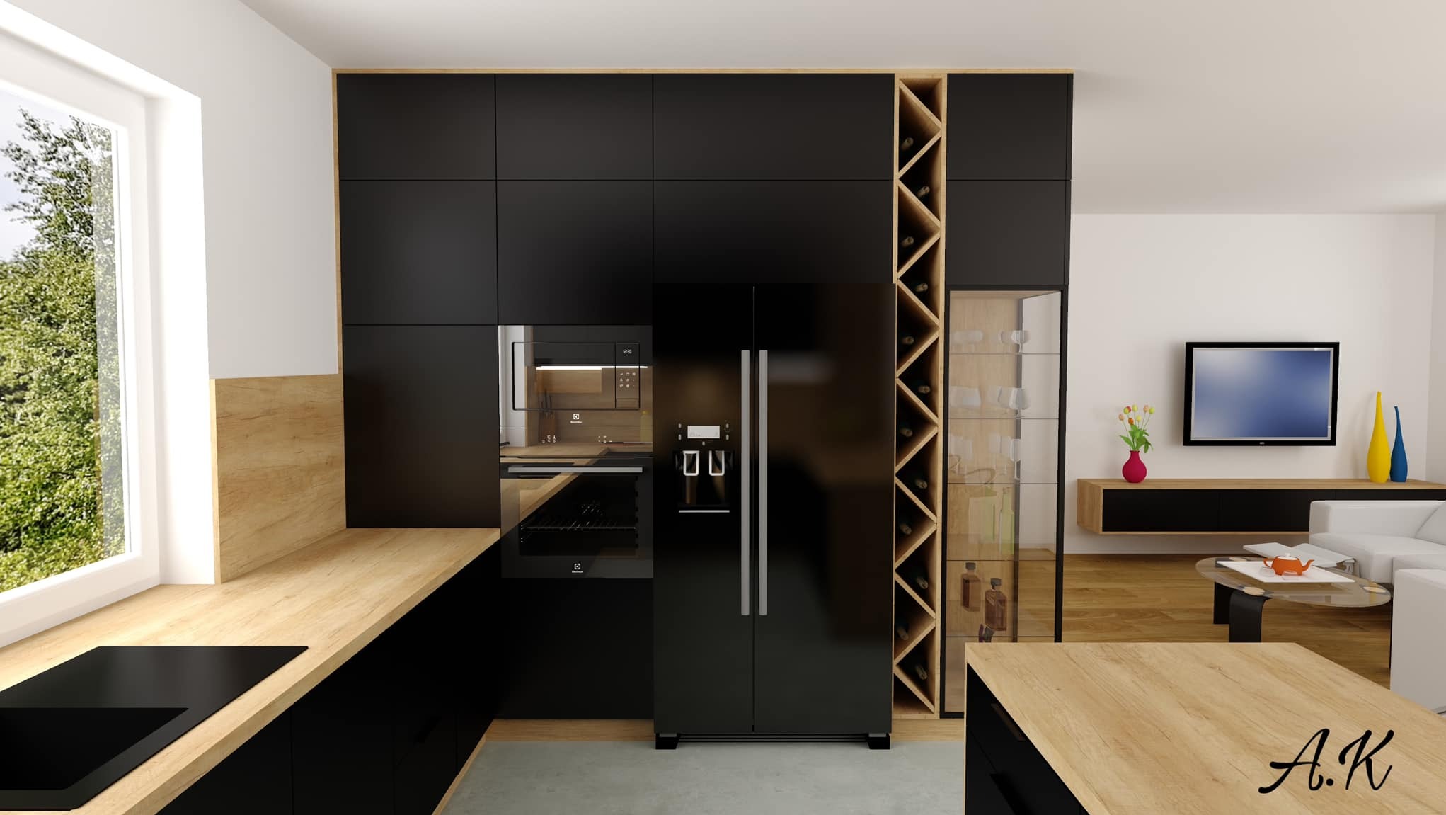 Nowoczesna, czarna zabudowa kuchenna z drewnianymi blatami, wysoką lodówką z kostkarką i regałem na wino, widok na salon z telewizorem i kanapą.