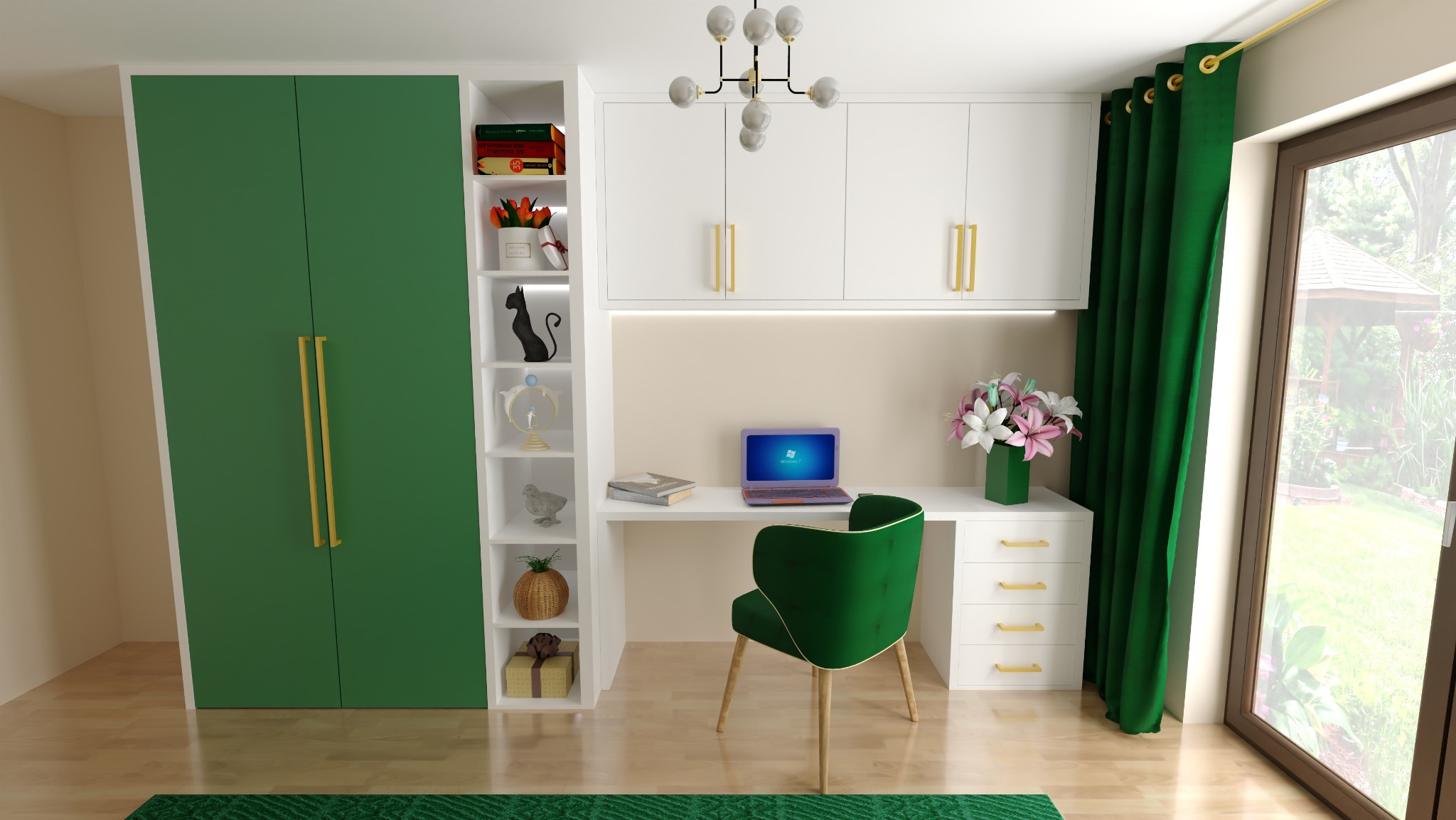 Pokój z biurkiem, szafą i szafkami w kolorach bieli i zieleni. Na biurku stoi laptop, obok wazon z kwiatami, a w tle widać okno z zielonymi zasłonami i widok na ogród.