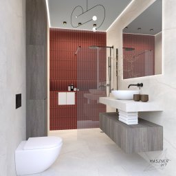 Zuzanna Maszner - Wizualizacja nowoczesnej łazienki z kabiną prysznicową oddzieloną szklaną ścianką, umywalką nablatową na blacie z szufladami, toaletą wiszącą i ścianą wyłożoną bordowymi płytkami w kształcie...
