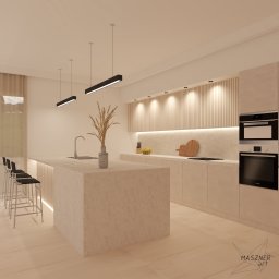 Zuzanna Maszner - Wizualizacja kuchni z wyspą, krzesłami barowymi, drewnianymi panelami ściennymi i minimalistycznym oświetleniem.