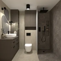 Wizualizacja nowoczesnej łazienki w odcieniach brązu i beżu. Uwagę przykuwają owalne lustra z podświetleniem, minimalistyczna armatura i kabina prysznicowa typu walk-in.