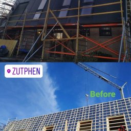 Dawid Romaniuk - Porównanie dachu przed i po: na dole konstrukcja dachu z widocznym rusztowaniem i dźwigiem, na górze dach pokryty czarnym materiałem z oknami dachowymi, otoczony rusztowaniem, z naklejką #JOBDONE.