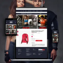 Modelka i model prezentują stronę internetową sklepu z odzieżą sportową na laptopie, tablecie i smartfonie, z widoczną ofertą bielizny termoaktywnej.