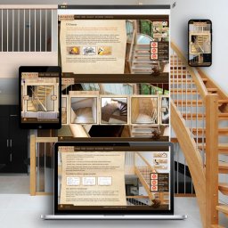 Stronit.pl - Projektowanie Stron Internetowych - Prezentacja strony internetowej firmy produkującej schody drewniane na laptopie, tablecie i smartfonie, ukazująca galerię realizacji z różnymi modelami schodów.