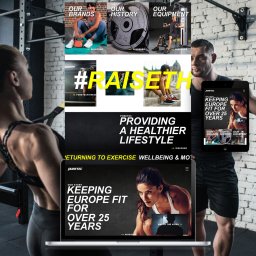 Stronit.pl - Projektowanie Stron Internetowych - Prezentacja strony internetowej i aplikacji mobilnej na laptopie i tablecie, promujących markę fitness z hasłem 'Keeping Europe fit for over 25 years', z widocznymi elementami graficznymi...