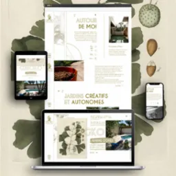 Prezentacja strony internetowej na laptopie, tablecie i smartfonie, ukazująca projekt strony o tematyce ogrodniczej, z logo Gingko i hasłem 'Jardins Créatifs et Autonomes'.